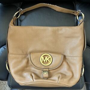 Michael Kors Hobo Shoulder Bag Camel Brown Pebbled Leather Purse Gold Hardware